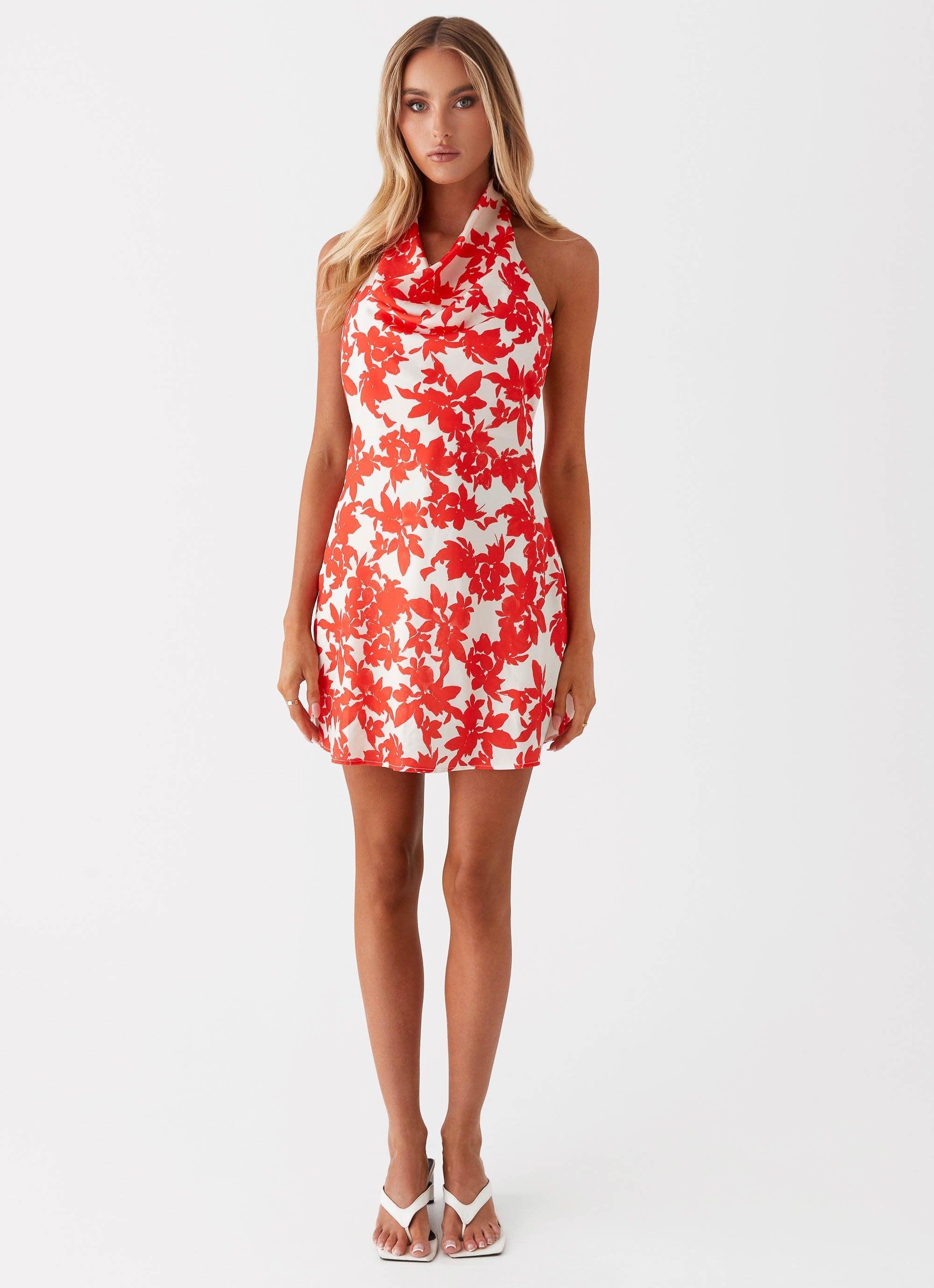 Carmine Bouquet Cowl Neck Mini Dress - Red Floral Product Image