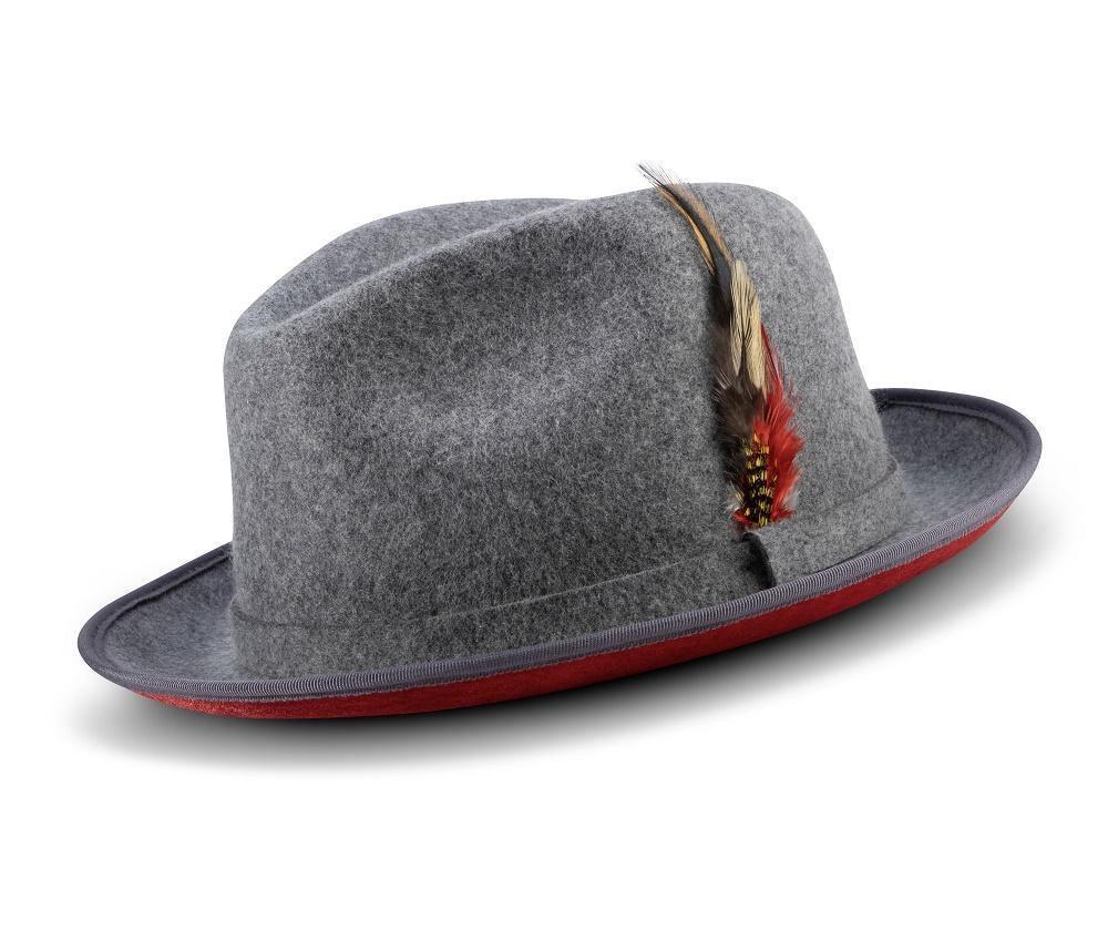 2 ¼" Brim Wool Felt Dress Hat with Feather Accent Gray with Red Bottom Product Image