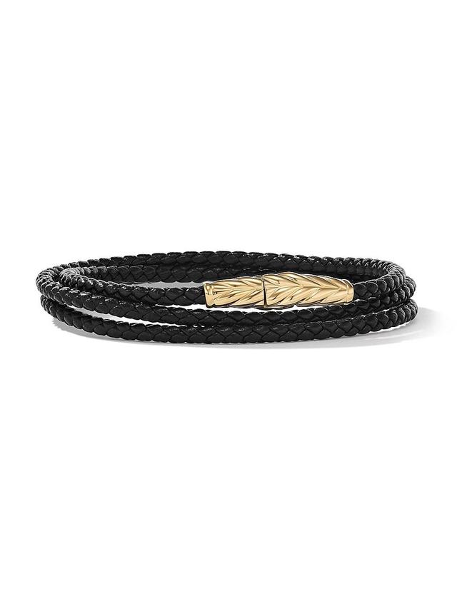 Mens Chevron Triple Wrap Bracelet in Black Leather and 18K Yellow Gold, 3MM Product Image