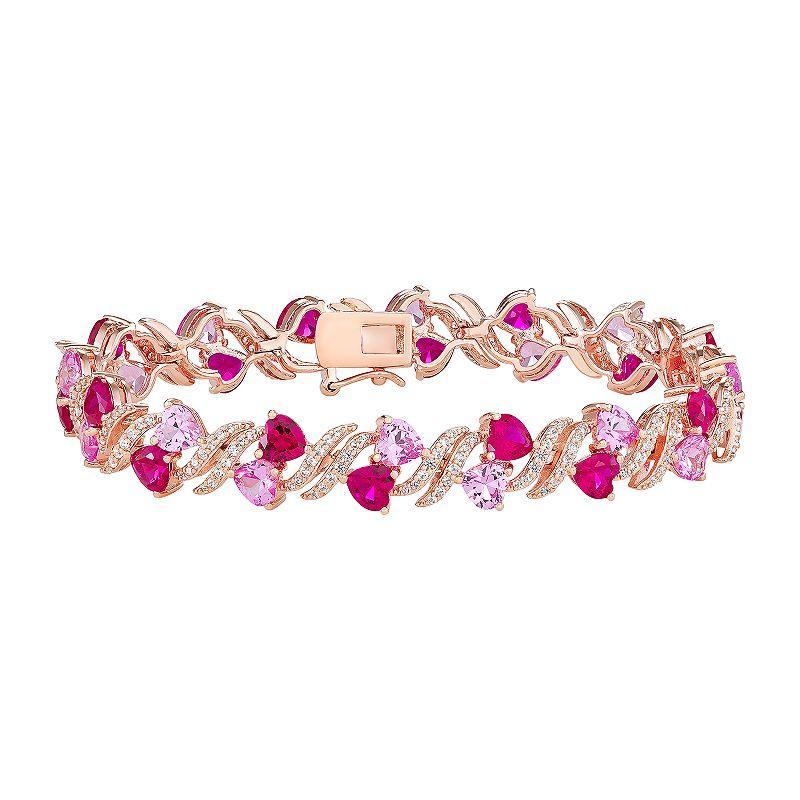 14k Rose Gold Over Silver Lab-Created Ruby & Lab-Created Sapphire Heart Bracelet, Womens Pink Tone Product Image