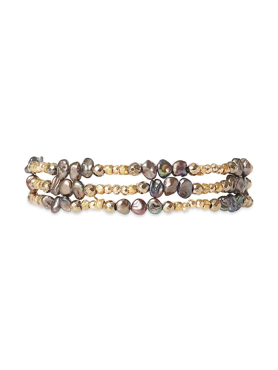 Womens Naked 18K Gold-Plated, Freshwater Pearl & Multi-Gemstone Wrap Bracelet Product Image