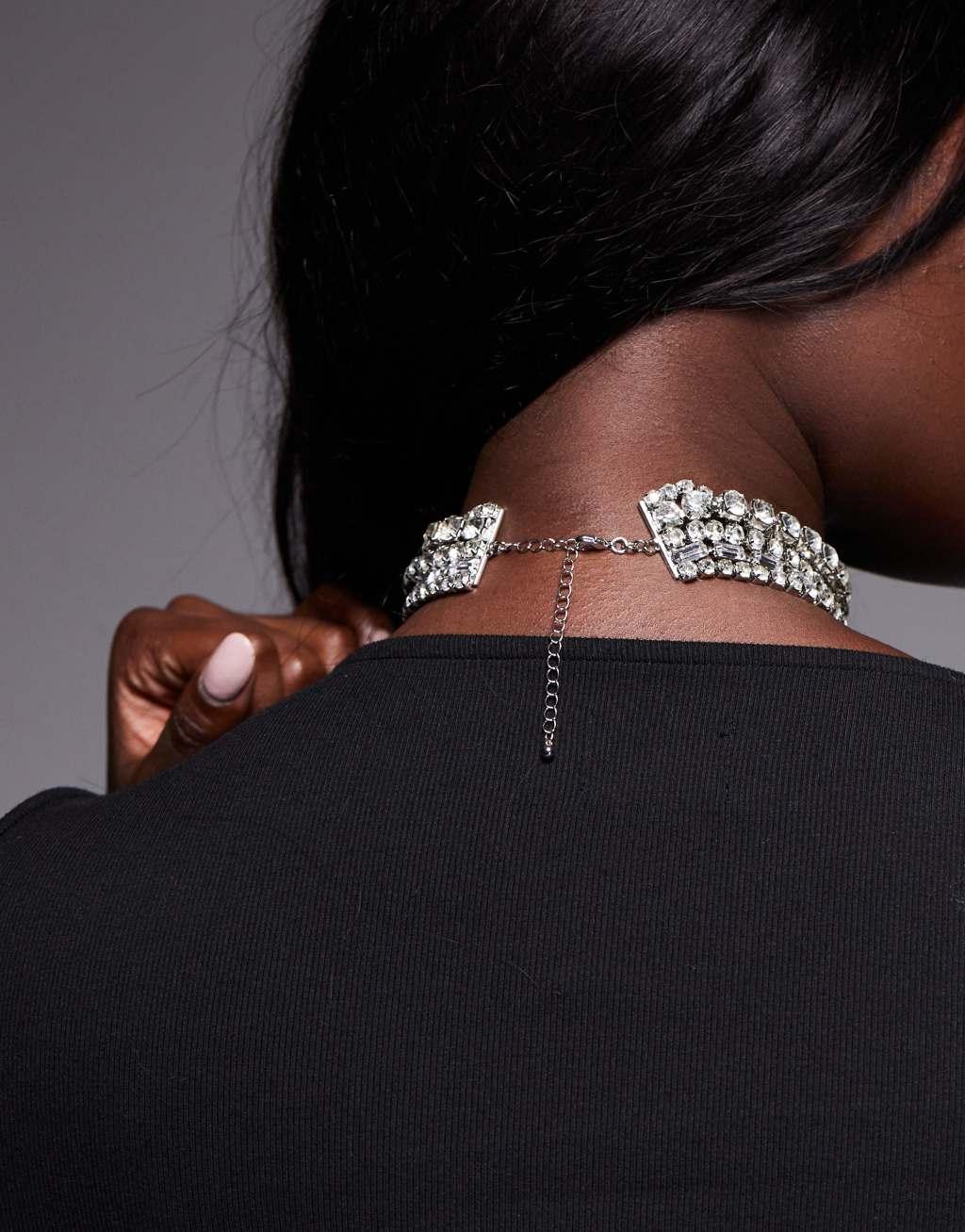 ASOS DESIGN Curve choker necklace with mixed crystal detail in silver tone Product Image