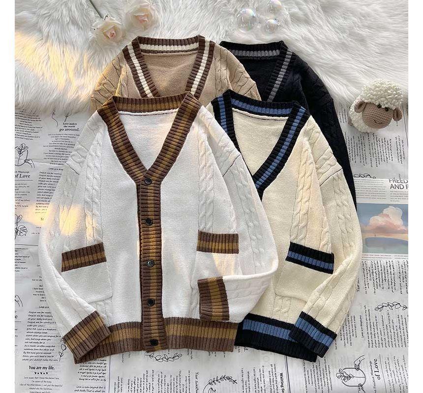 V-Neck Contrast Trim Cable Knit Cardigan Product Image