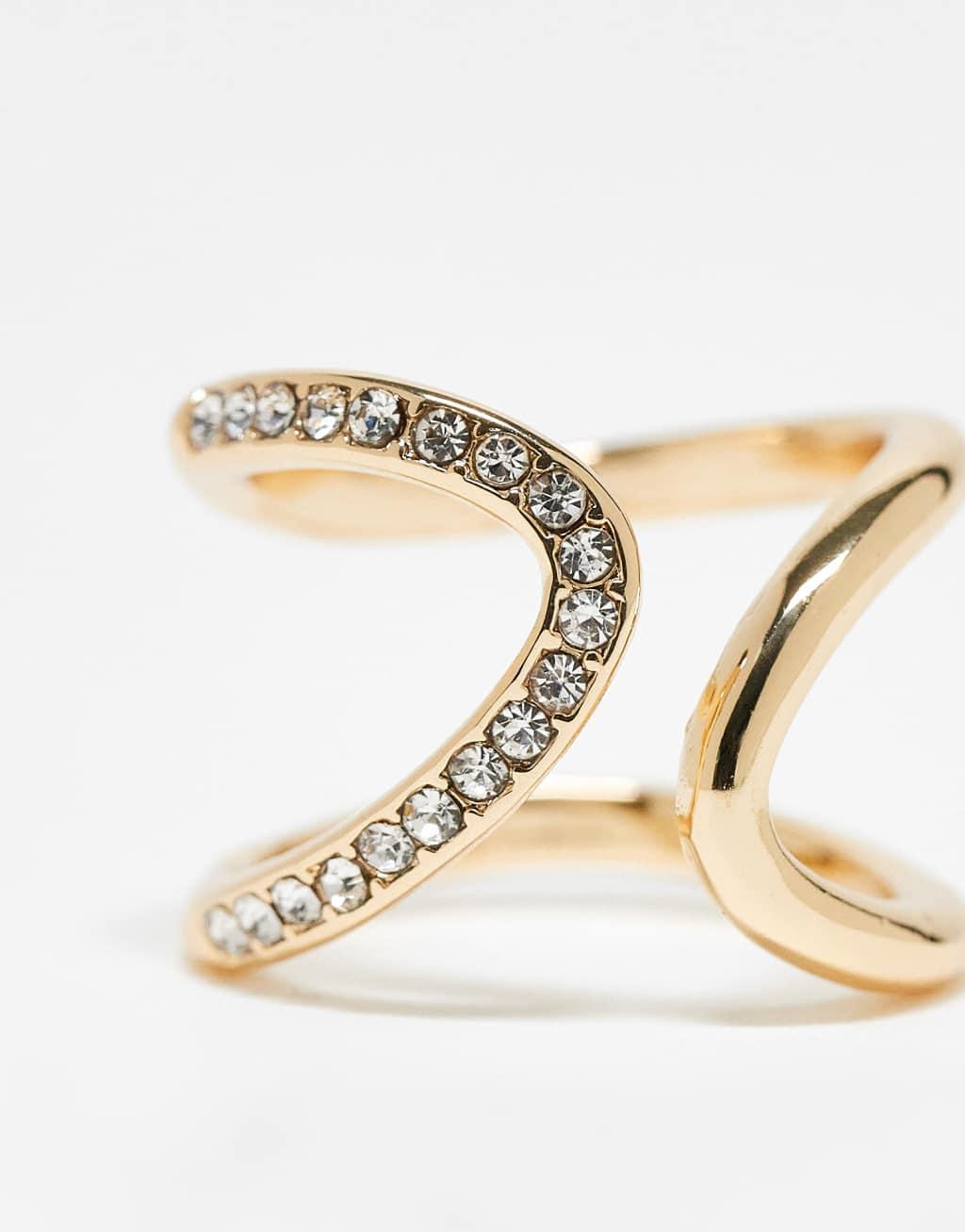 ASOS DESIGN ring with wrap around crystal detail in gold tone Product Image