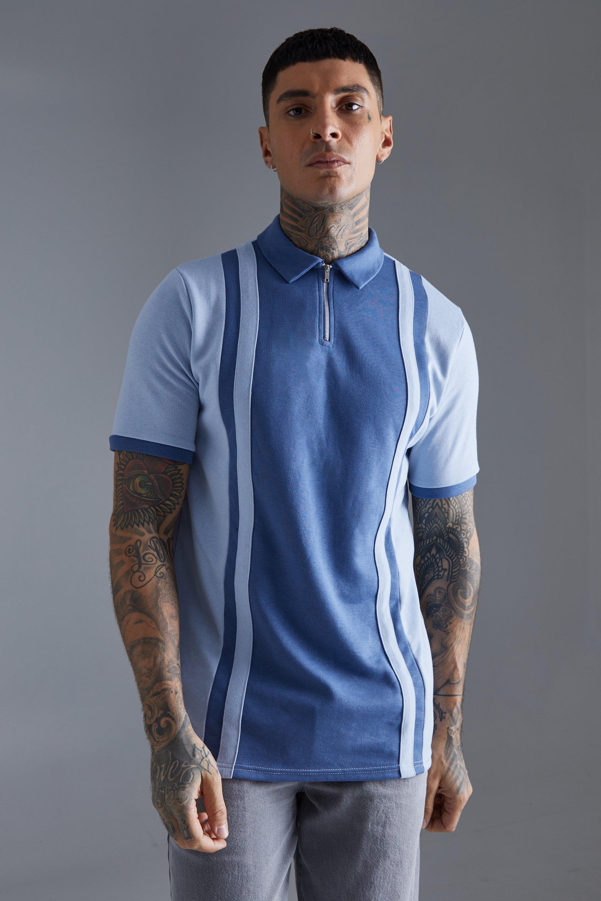 Tall Slim Panelled Zip Neck Interlock Polo | boohooMAN USA Product Image