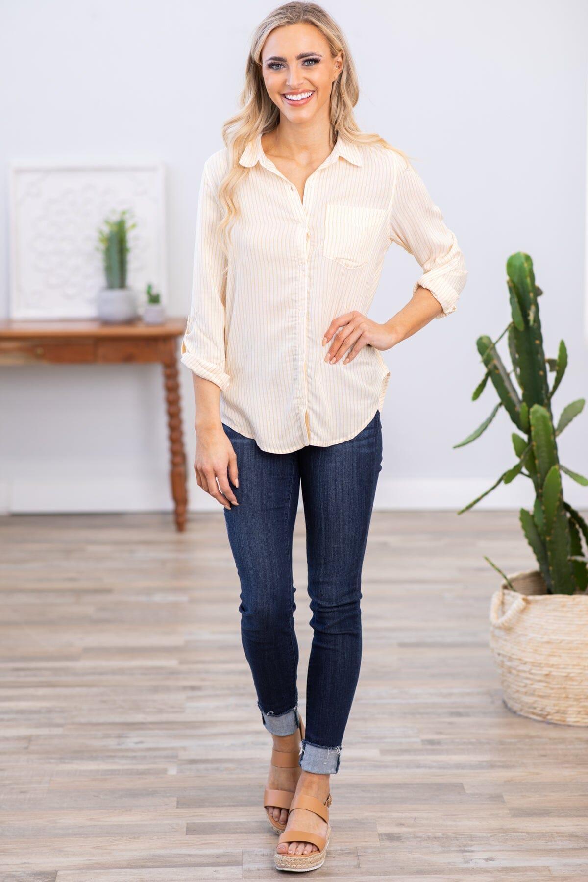 Yellow and Off White Pinstripe Button Up Top Product Image