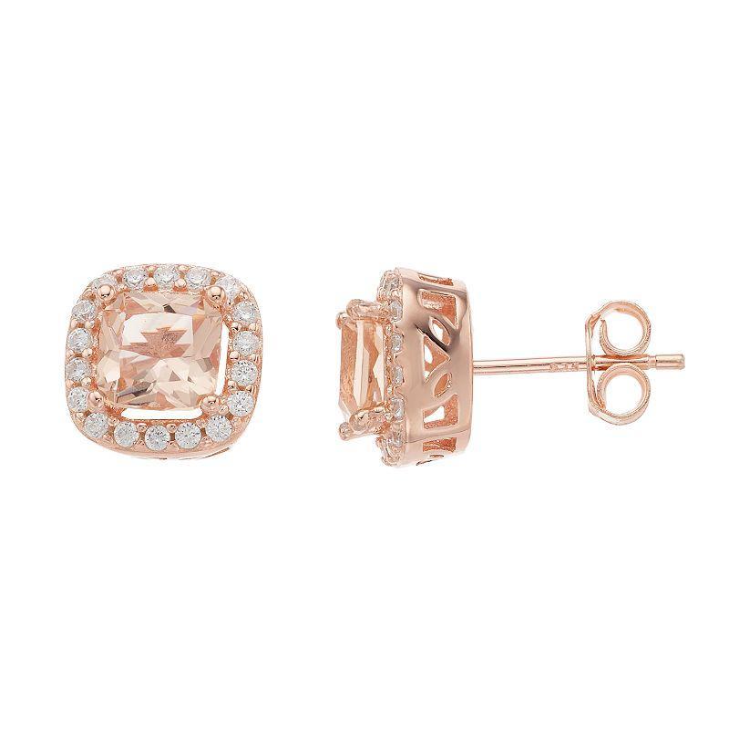 14k Rose Gold Over Silver Pink & White Cubic Zirconia Cushion Halo Stud Earrings, Womens Product Image