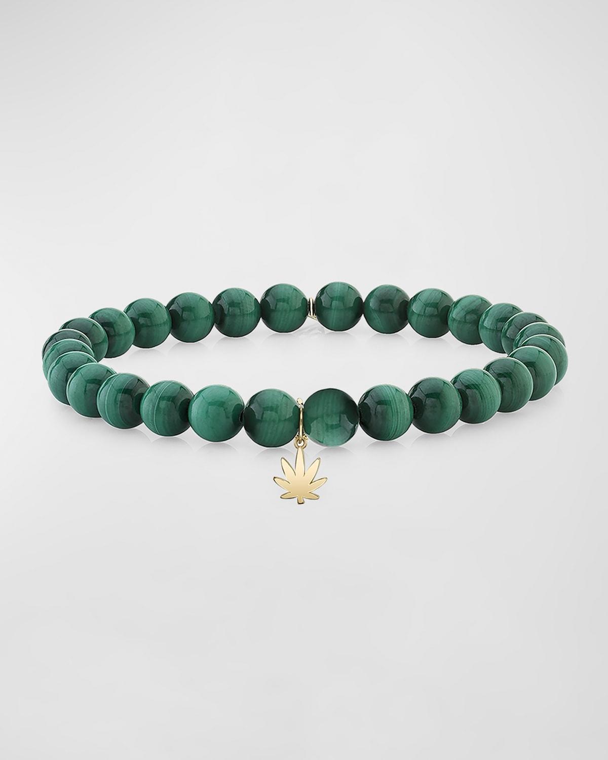 Mens Malachite Beaded Bracelet with 14K Gold Pot Leaf Charm Product Image