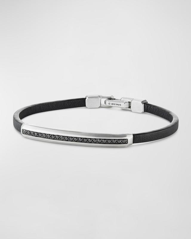 Mens Streamline ID Black Leather Bracelet With Pav Black Diamonds & Sterling Silver Product Image