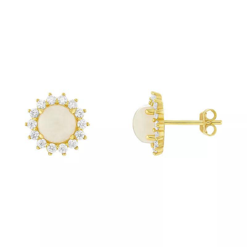 PRIMROSE 18k Gold over Silver Cubic Zirconia & Moonstone Flower Stud Earrings, Womens, Gold Tone White Product Image