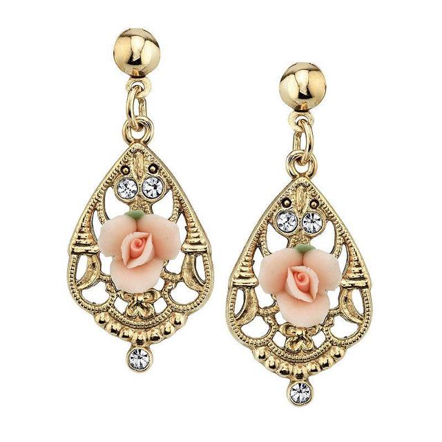 1928 Pink Porcelain Rose & Simulated Crystal Drop Earrings, Womens Product Image