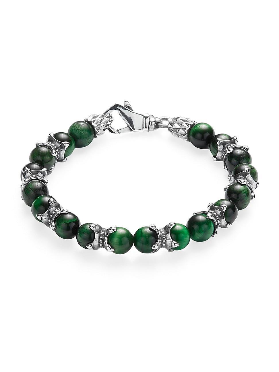 Mens Unisex Sterling Silver & Green Tiger Eye Beaded Bracelet Product Image