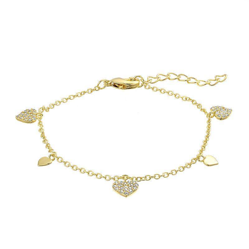 14k Gold Over Silver Cubic Zirconia Heart Charm Bracelet, Womens Gold Tone Product Image