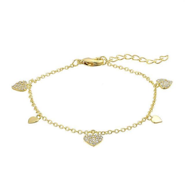 14k Gold Over Silver Cubic Zirconia Heart Charm Bracelet, Womens Gold Tone Product Image