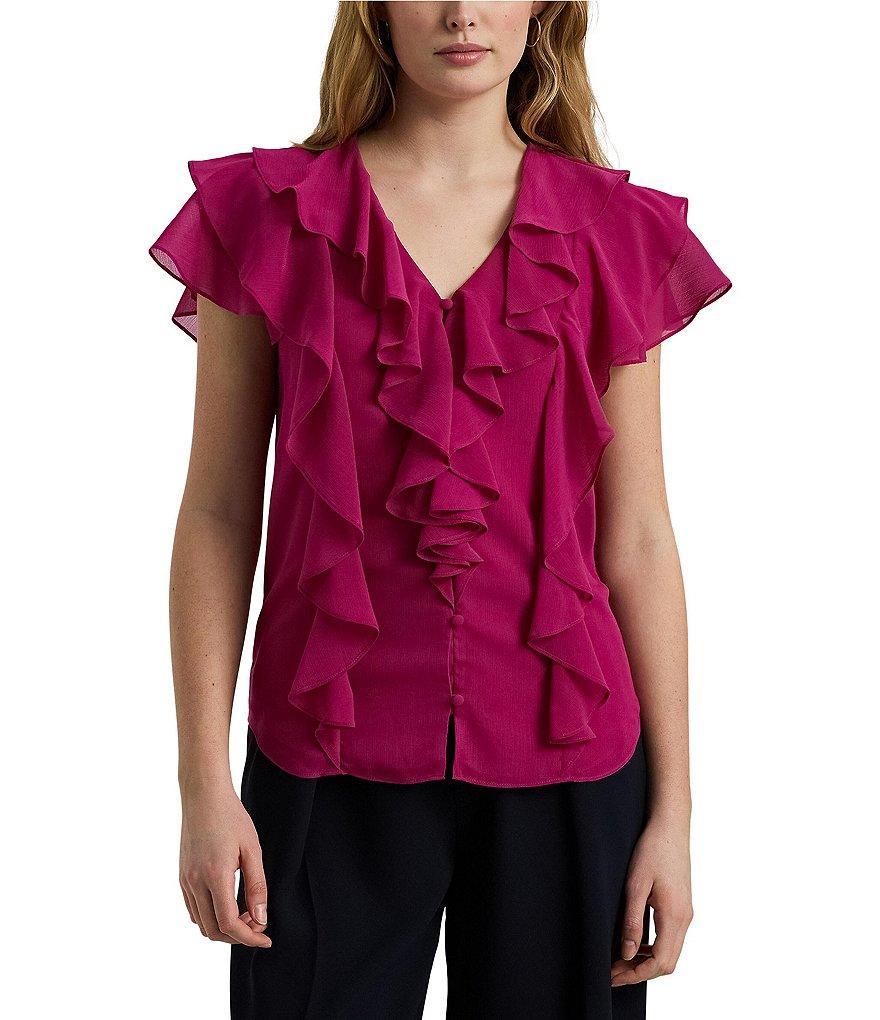 Lauren Ralph Lauren Artaith Crinkle Georgette V-Neck Short Flutter Sleeve Ruffle Blouse Product Image