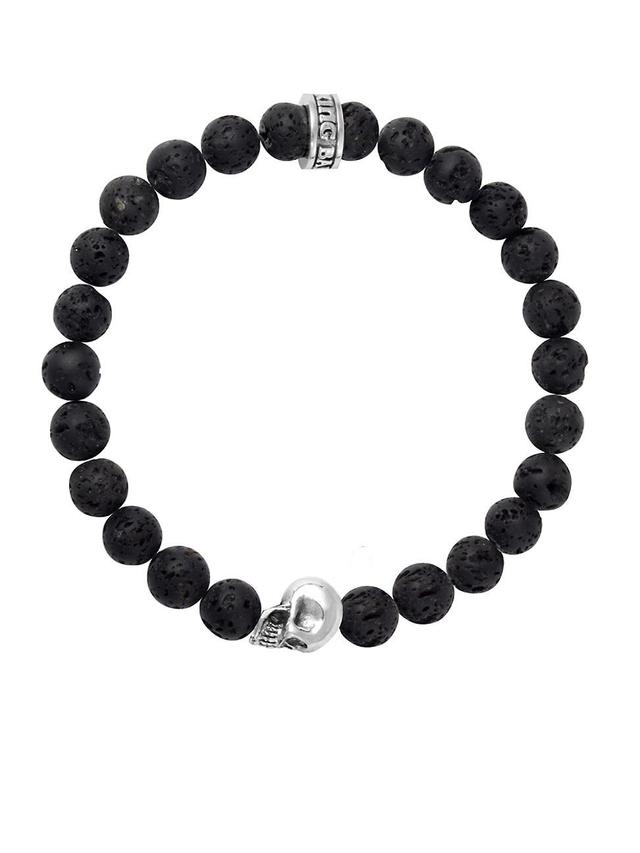 Mens Lava Rock Sterling Silver Skull Beaded Bracelet Product Image