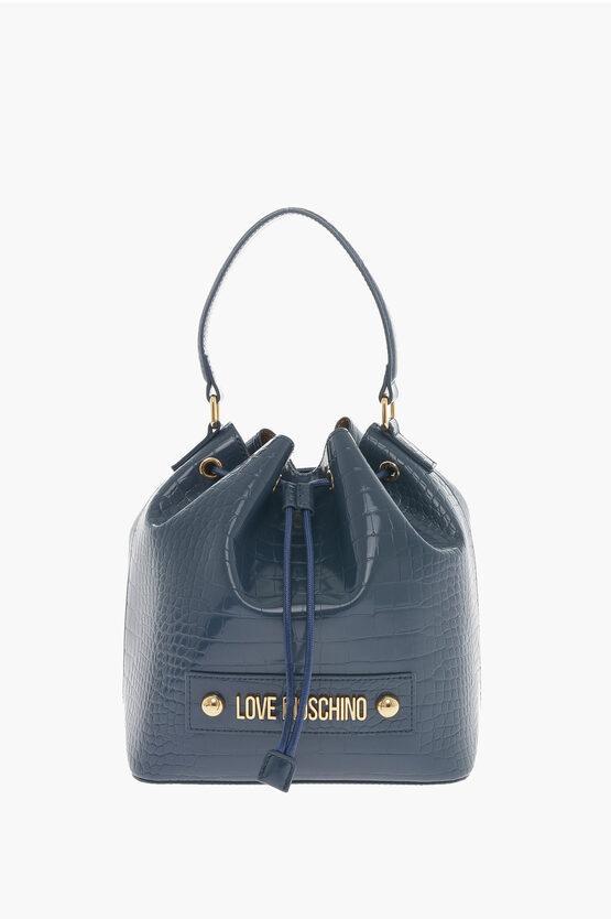 MOSCHINO Love Faux Leather Crocodile Effect Bucket Bag With Embossed In Blue Product Image