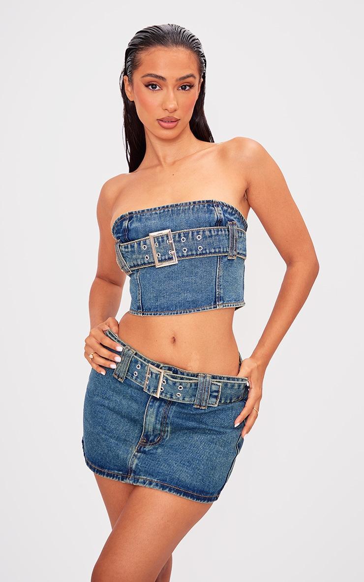 Petite Indigo Vintage Wash Buckle Detail Denim Mini Bandeau Top Product Image