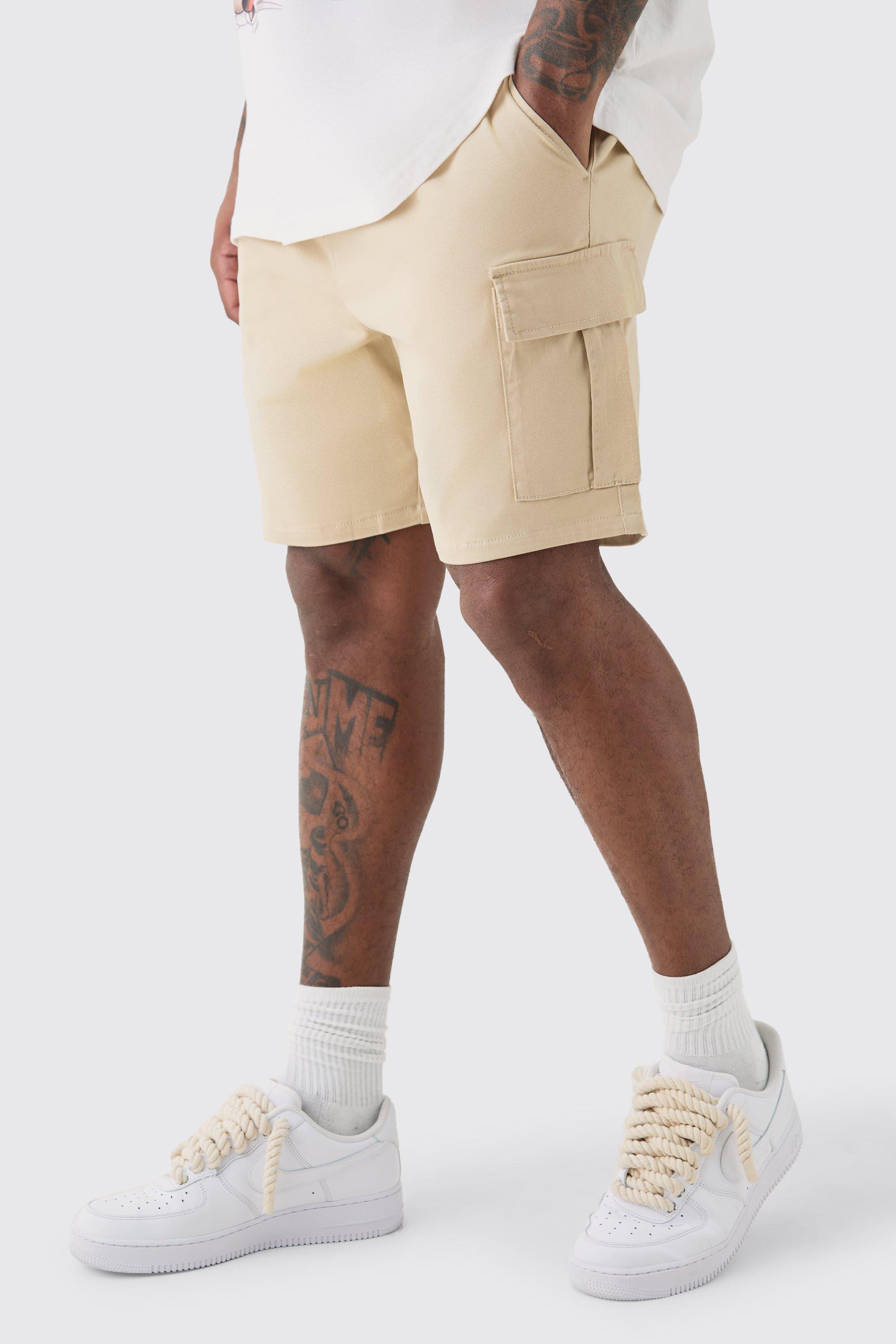 Plus Elasticated Waist Stone Slim Fit Cargo Shorts | boohooMAN USA Product Image