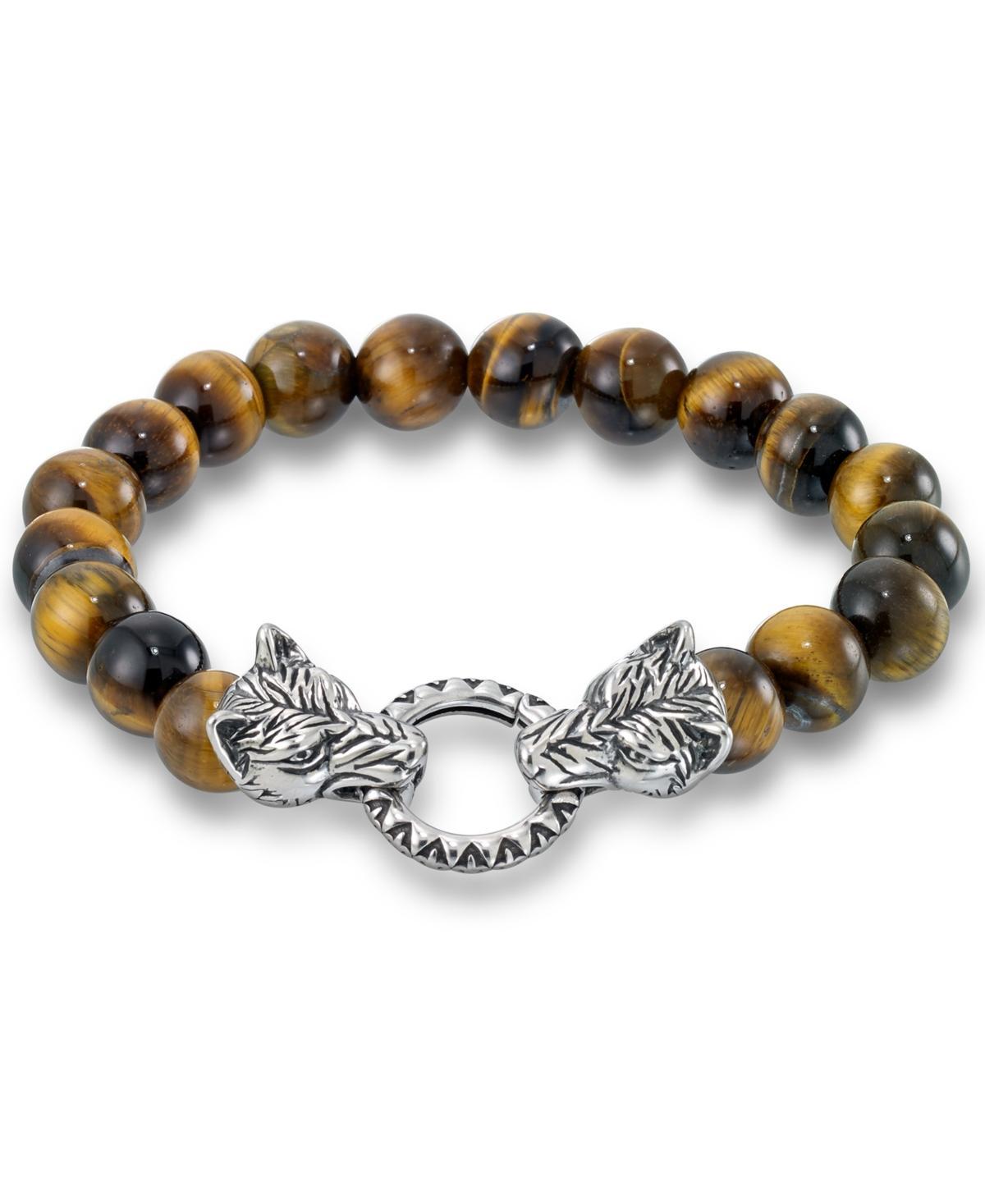 Andrew Charles by Andy Hilfiger Mens Tigers Eye Bead Wolf Head Stretch Bracelet in Stainless Steel (Also in Onyx & White Agate) Product Image