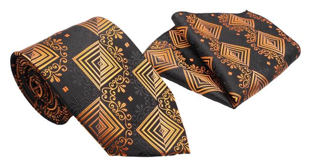 Black Copper Geometric Square and Scroll Pattern Men's Classic Tie and Pocket Square Set Male Product Image