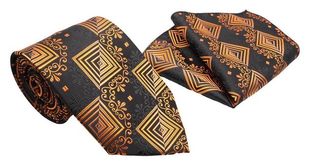 Black Copper Geometric Square and Scroll Pattern Men's Classic Tie and Pocket Square Set Product Image