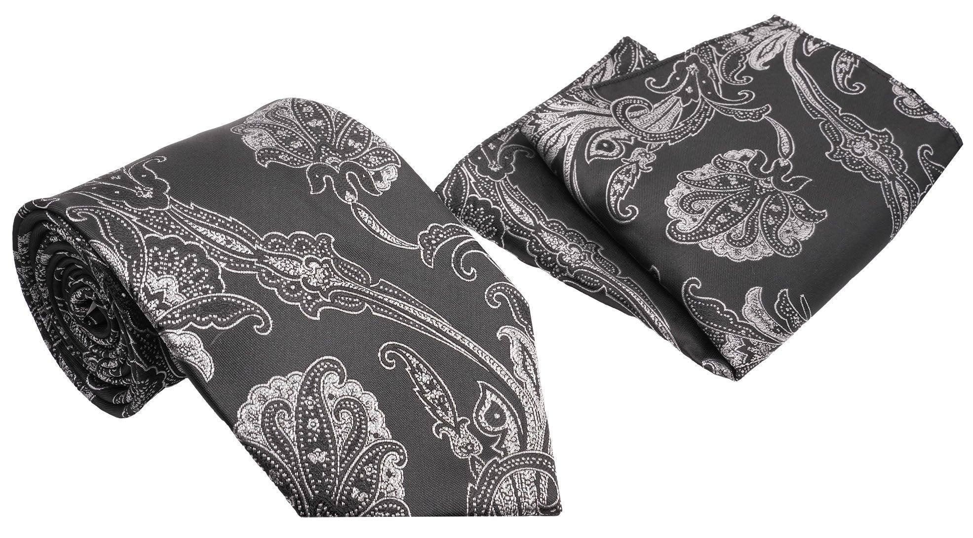 Black Silver Jacobean Pattern Men's Classic Tie and Pocket Square Set Male Product Image