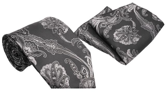 Black Silver Jacobean Pattern Men's Classic Tie and Pocket Square Set Male Product Image