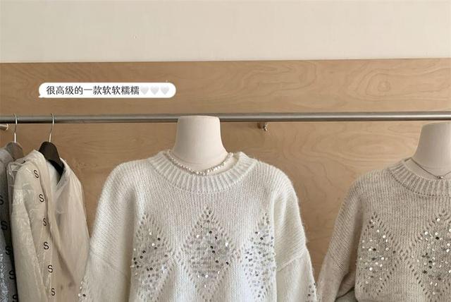 Crew Neck Rhinestone Sweater Product Image