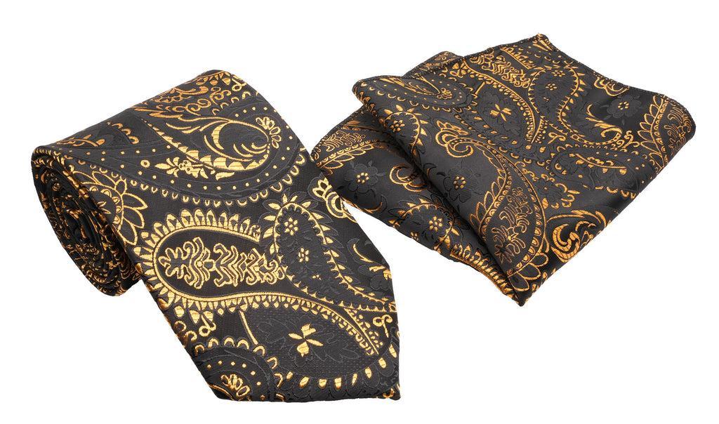 Black Gold Paisley Pattern Men's Classic Tie and Pocket Square Set Male Product Image