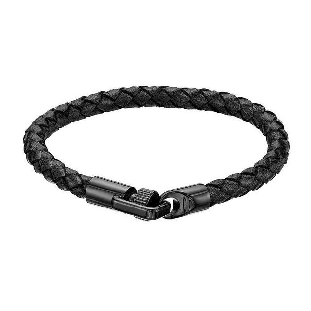 Mens LYNX Ion Plated Stainless Steel Leather Bracelet Black Product Image