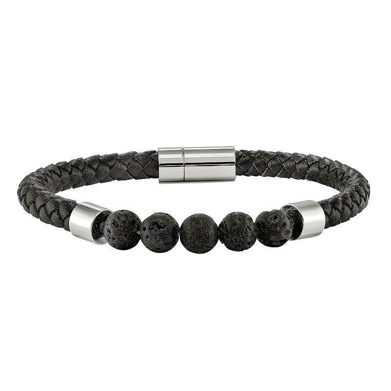 Mens Stainless Steel Black Leather Lava Bead Bracelet Product Image