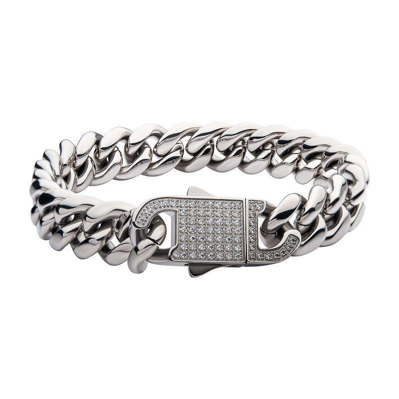 Stainless Steel Curb Chain & Cubic Zirconia Clasp Bracelet, Mens Grey Product Image