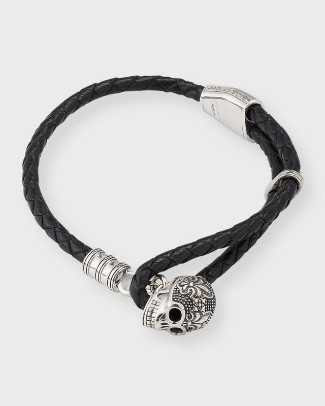 Mens Sterling Silver & Braided Leather Skull Detail Bracelet Product Image