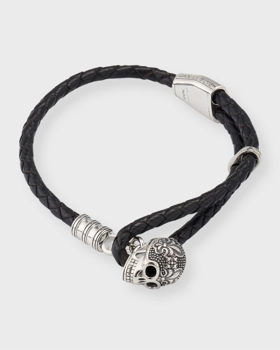 Men's Braided Leather Bracelet with Sterling Silver Skull  Product Image