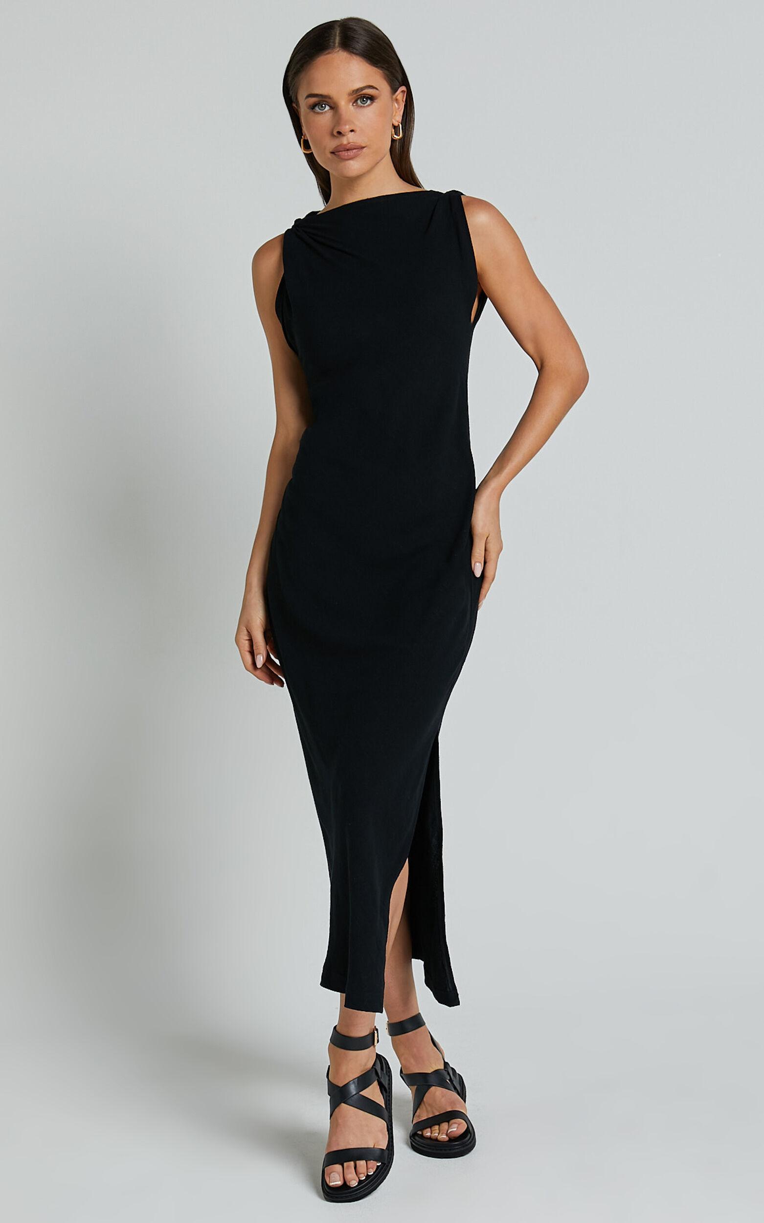 Jessenia Midi Dress - Linen Look High Neck Dress in Black Product Image