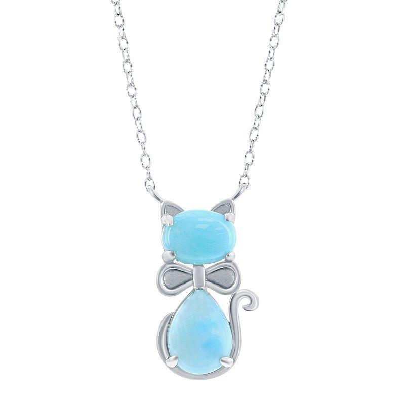 Sterling Silver Genuine Larimar Cat Pendant Necklace, Womens Product Image