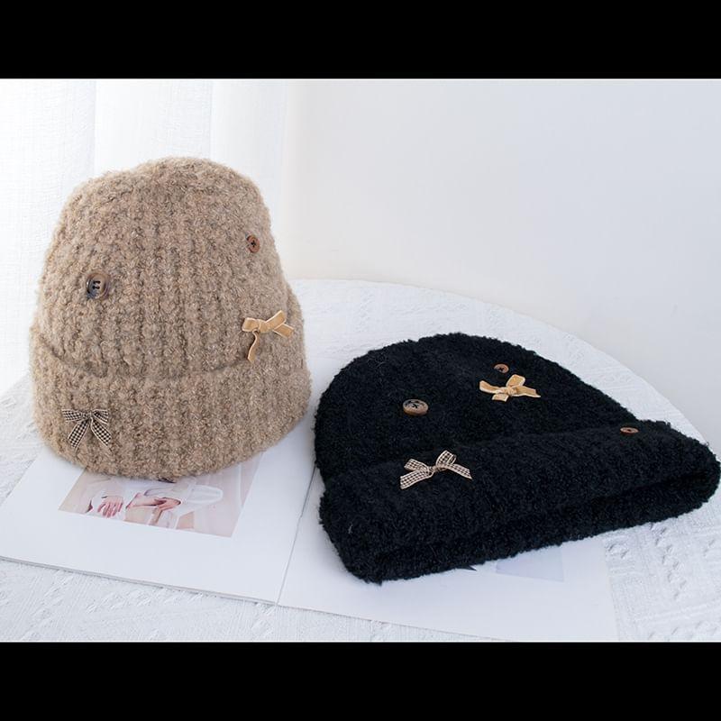 Ribbon Buttoned Knit Beanie Product Image