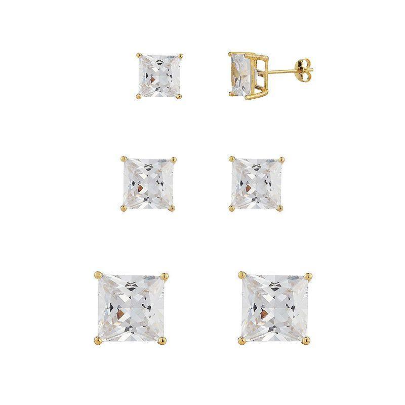 Sunkissed Sterling Square Cubic Zirconia Stud Earring Trio Set, Womens, Gold Tone Product Image