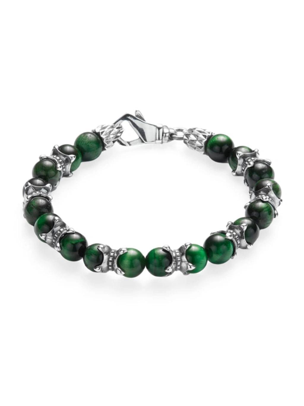 Tiger Eye Beaded Chain Bracelet In Silver Green Product Image