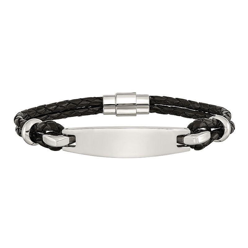 Mens Stainless Steel Black Leather ID Bracelet Product Image