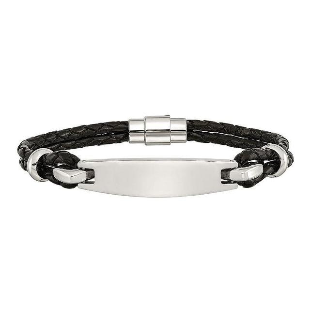 Mens Stainless Steel Black Leather ID Bracelet, Multicolor Product Image