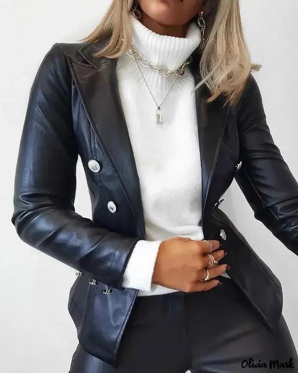 Olivia Mark – Double Breasted Faux Leather Coat Product Image