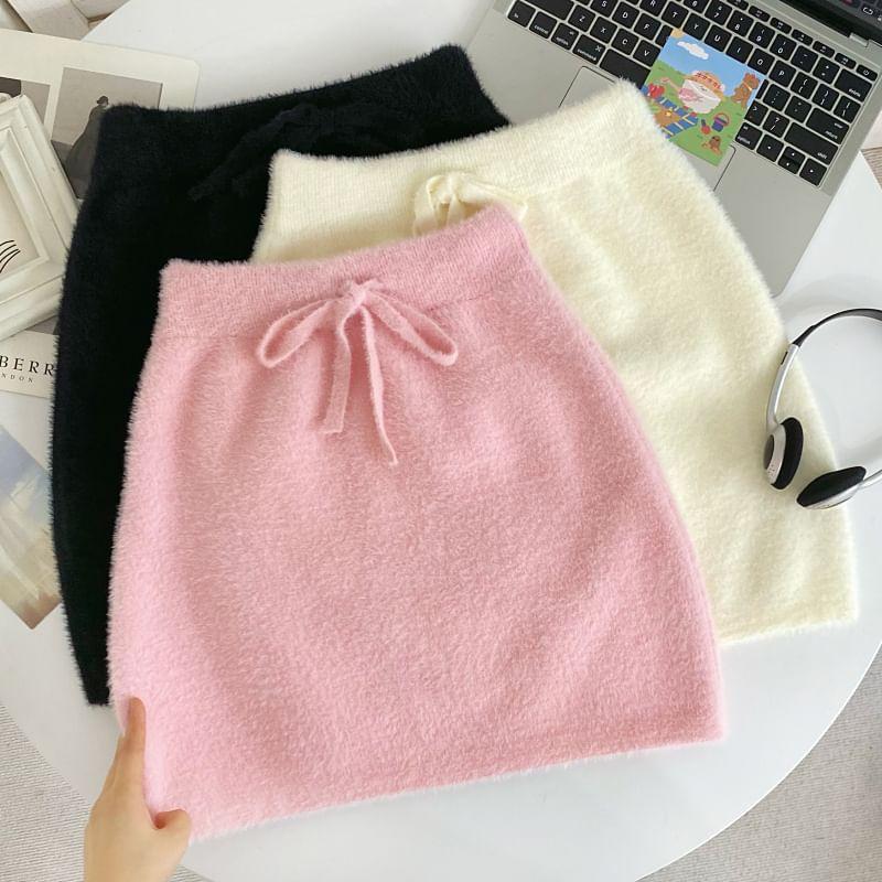 Drawstring Waist Plain Knit Mini Pencil Skirt Product Image