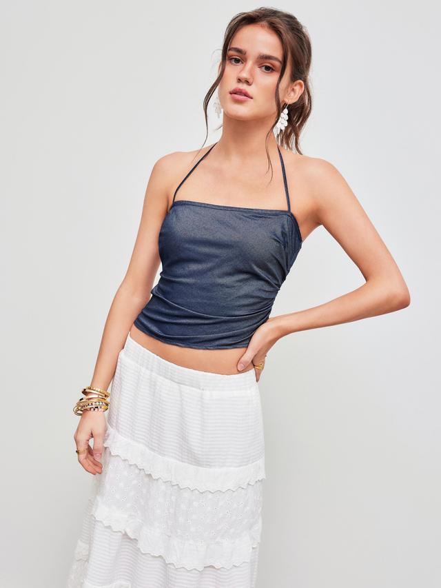 Denim Halter Neckline Solid Ruched Top Product Image