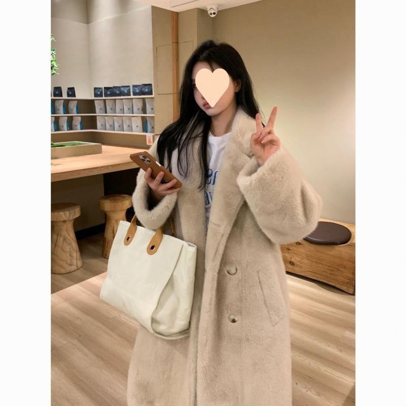 Plain Faux Fur Midi Double-Breasted Coat Product Image