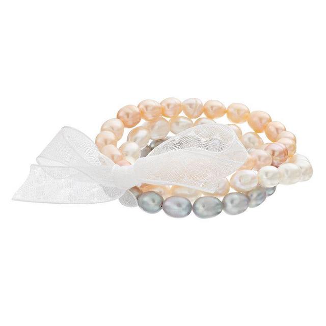 Aleure Precioso 3 Piece Oval Freshwater Cultured Pearl Stretch Bracelet Set, Womens, Sterling Silver Team Product Image