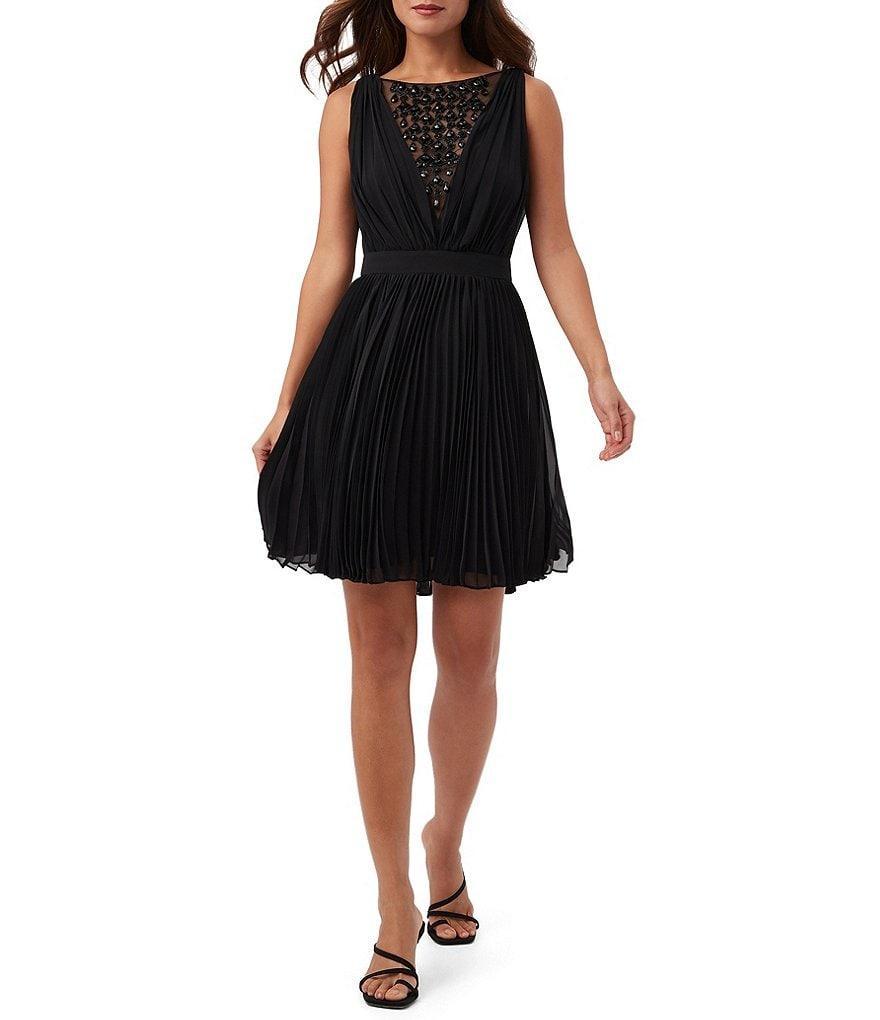 Trina Turk Zathar Pleated Georgette Boat Mesh Jewel Neck Sleeveless A-Line Dress Product Image