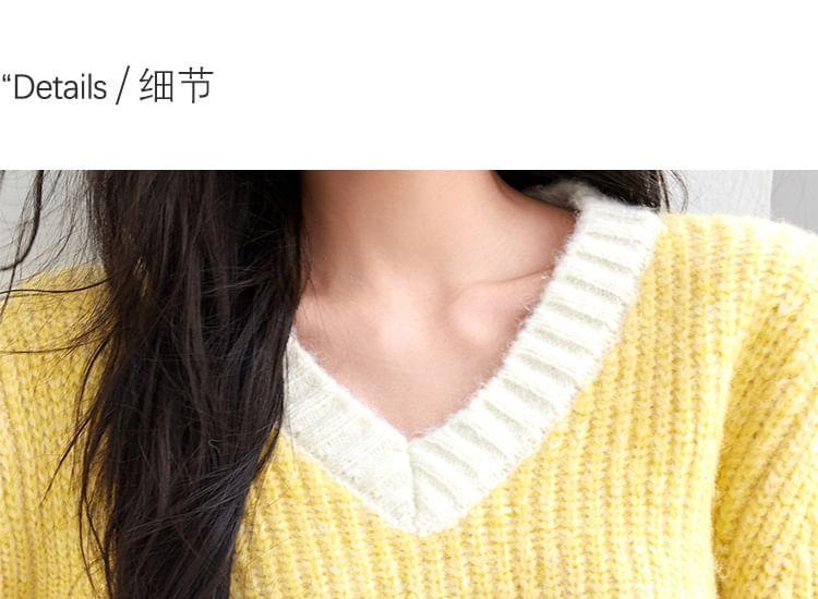 V-Neck Contrast Trim Ribbed Sweater Product Image