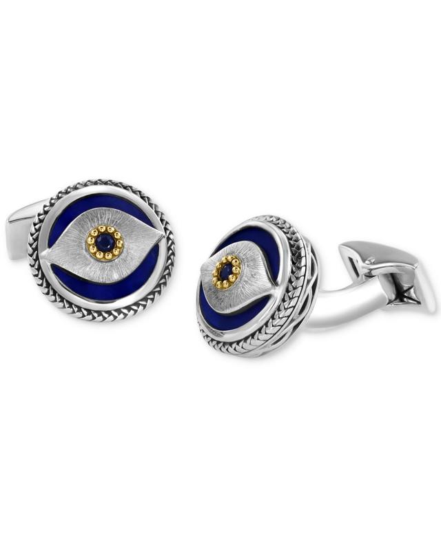 Effy Mens Lapis & Blue Sapphire (1/8 ct. t.w.) Evil Eye Cufflinks in Sterling Silver & 18k Gold Product Image